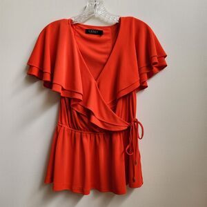Lauren Ralph Lauren Top Women's S Black Label Orange Stretch Faux Wrap Ruffles
